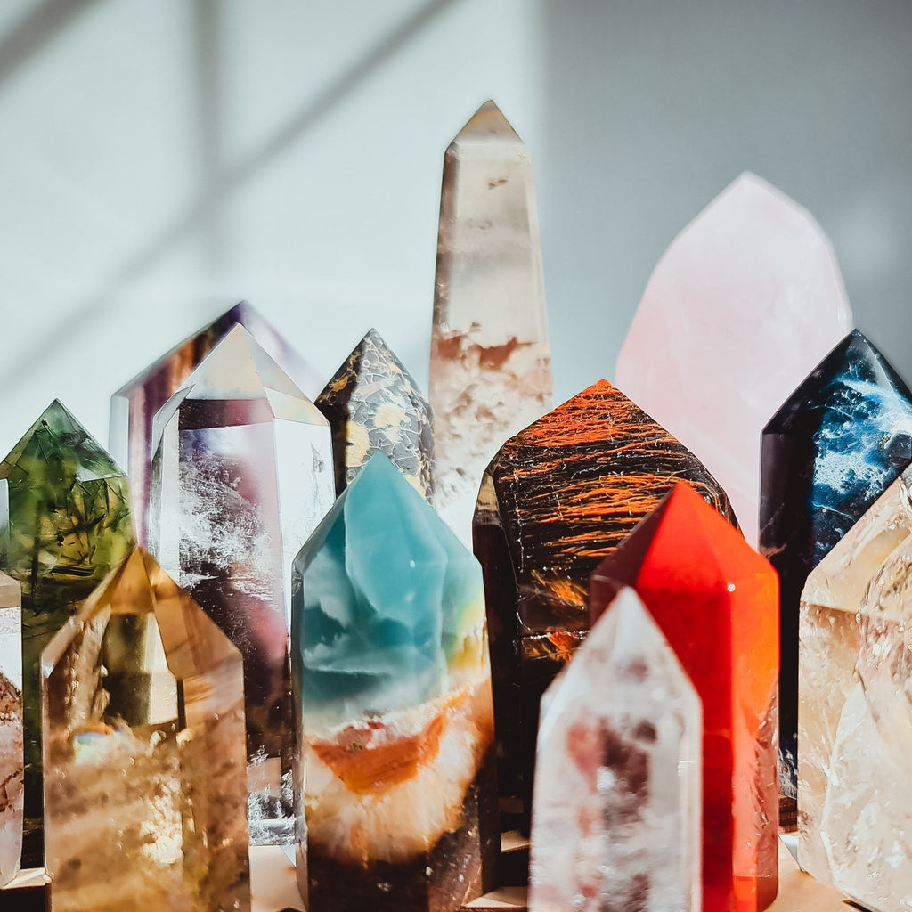 Crystal towers and Obelisks of different sizes, colors, raw and polished from around the world.