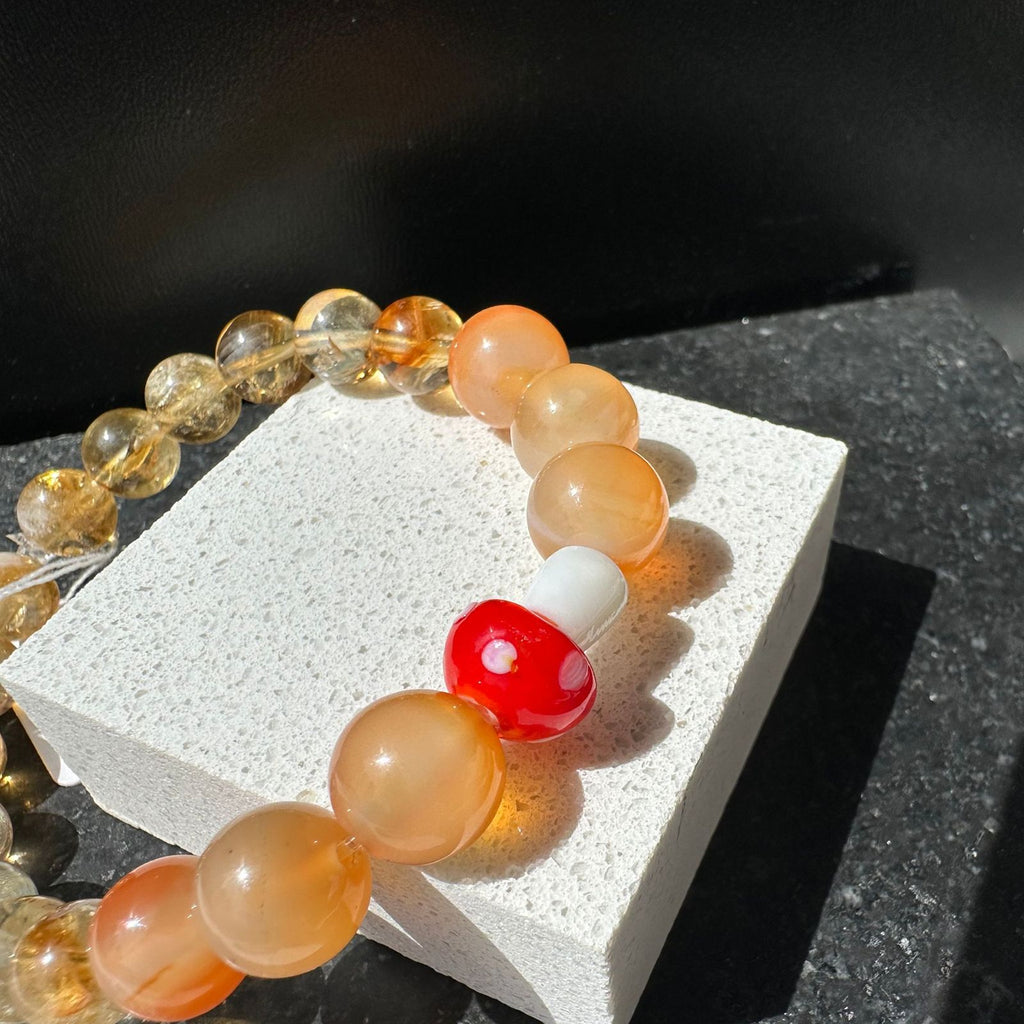 10mm agate crystal bracelet, custom handmade bracelet with mushroom accent bead