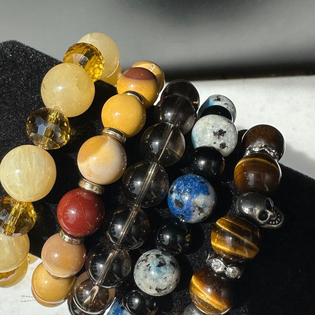 10mm crystal bracelet variations including K2, Mookaite, Tigers Eye, and all natural agate, handmade crystal jewelry