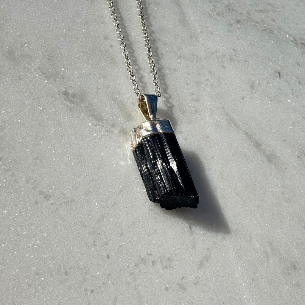 Raw Black Tourmaline Crystal Pendant with silver capped bail