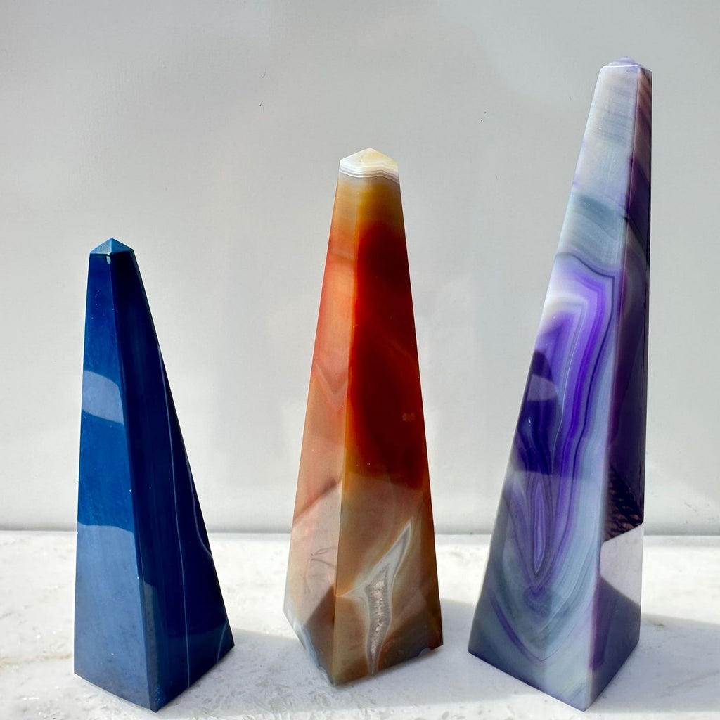 Brazilian Agate Obelisks, three, side by side