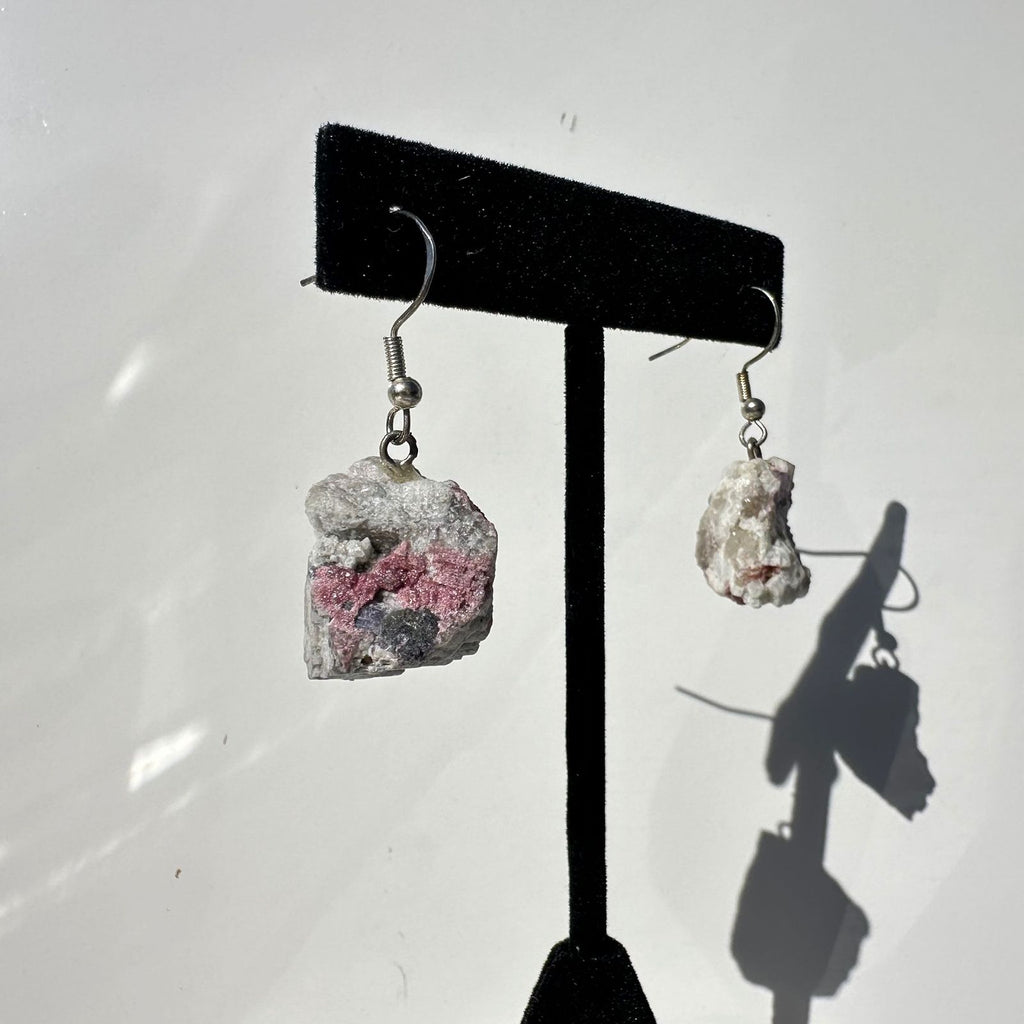 Raw Pink Tourmaline Earring, Crystal Jewelry on display