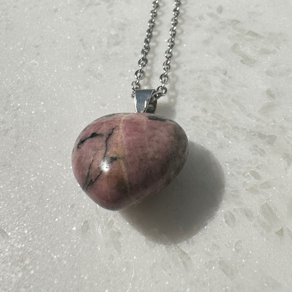 Rhodonite Crystal Heart Necklace from Brazil