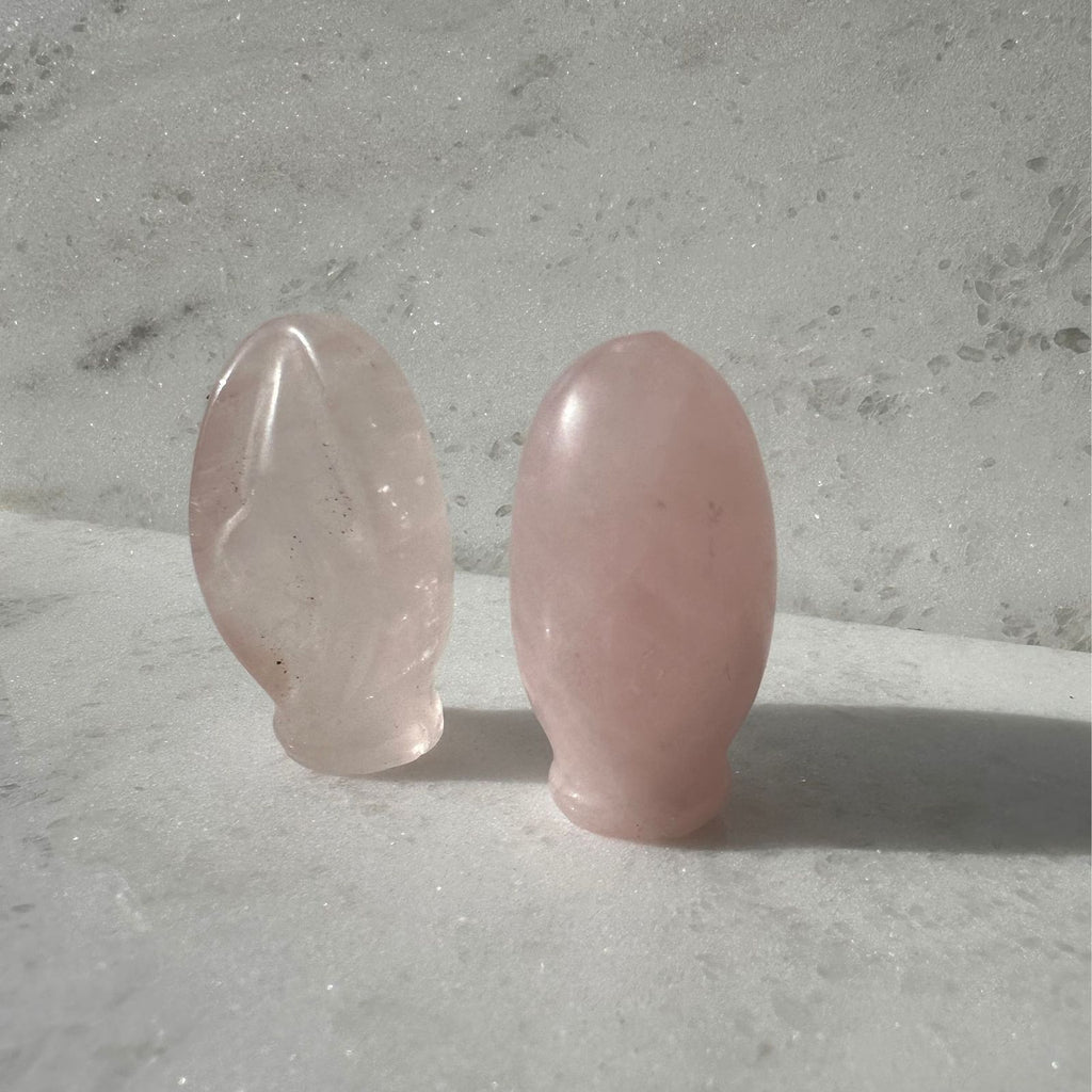 Rose Quartz Crystal vulva carving, Portal to Paradise as we call them, front and back