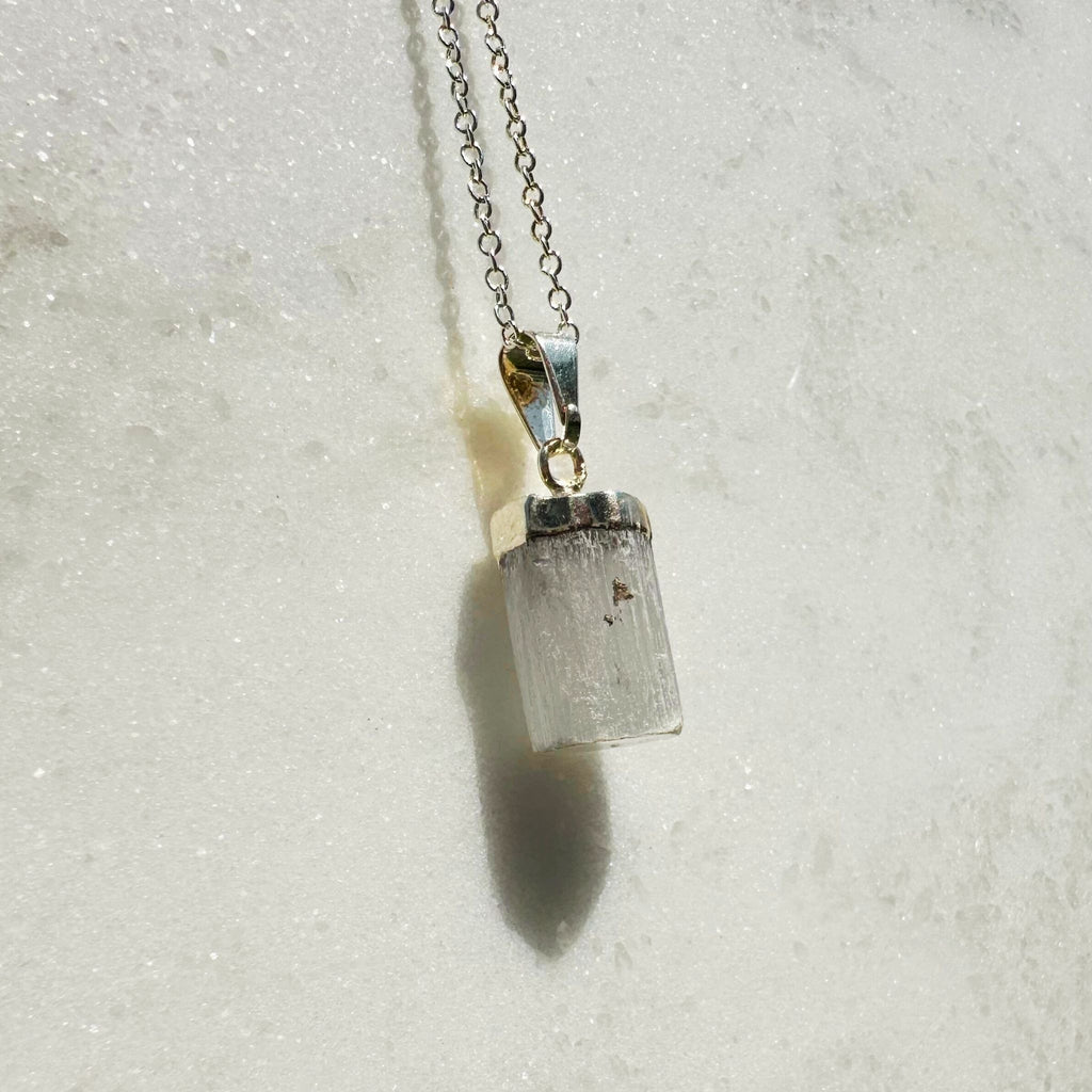 Silver Plated Cap, Selenite Barrel shaped pendant handing on silver plated chain