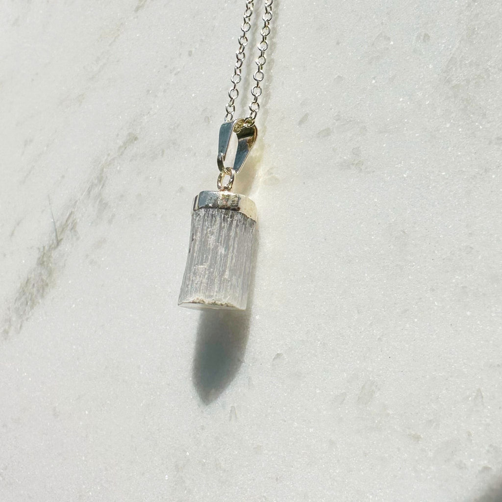 Selenite crystal pendant on silver plated chain