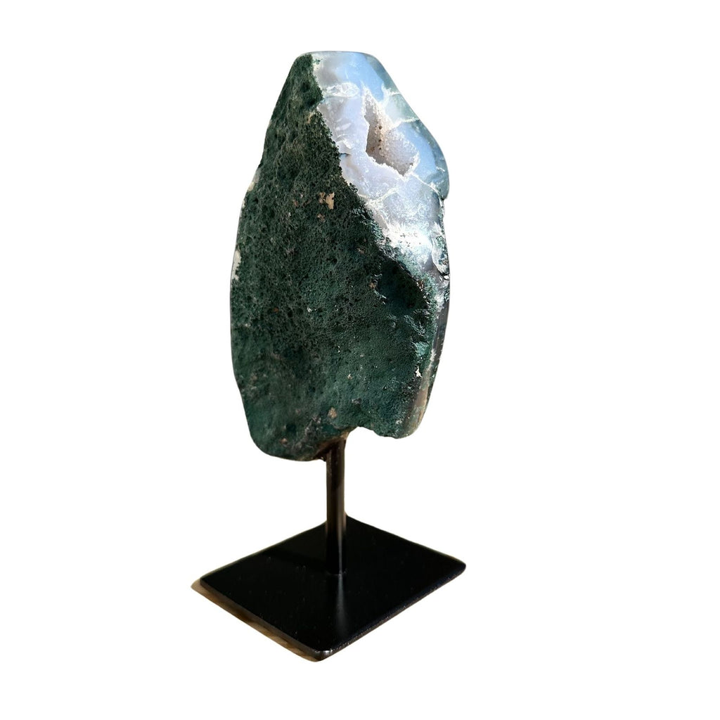 Natural agate with clear quartz inclusions, on a stand for crystal home decor pieces