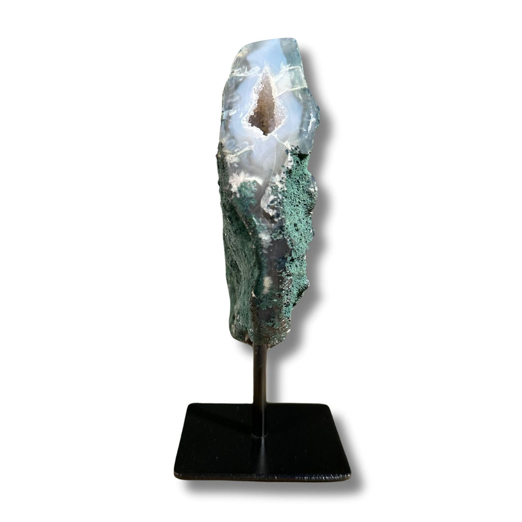 Agate with Clear Quartz geode center, on a stand, crystal home decor piece