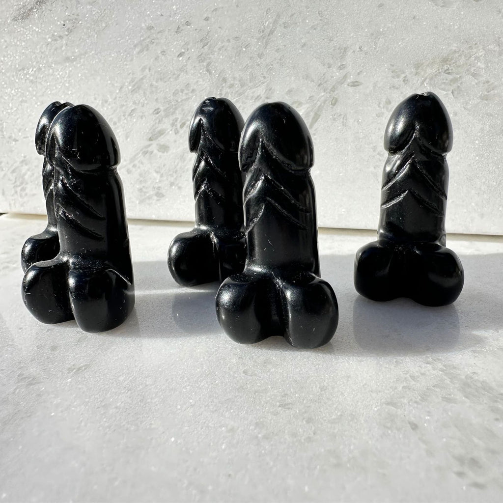 Black Obsidian crystal carving, heart arm, crystal penis