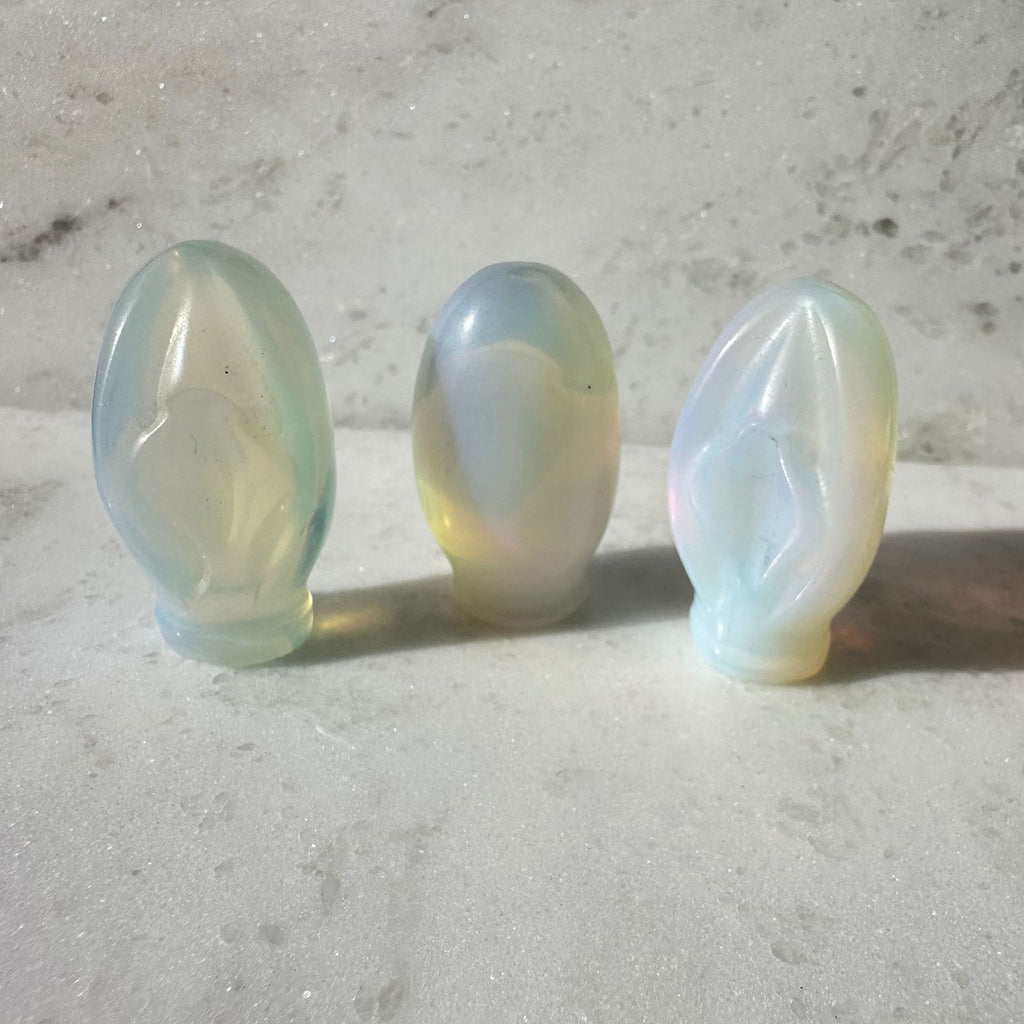Opalite crystal Portal to Paradise, crystal vulva carving with front and back views
