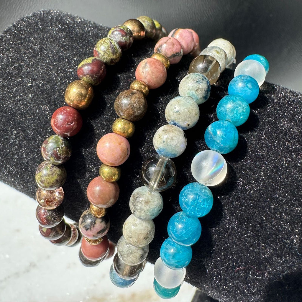 assortment of 6mm custom made crystal bracelets, handmade for intentional energetic vibrations