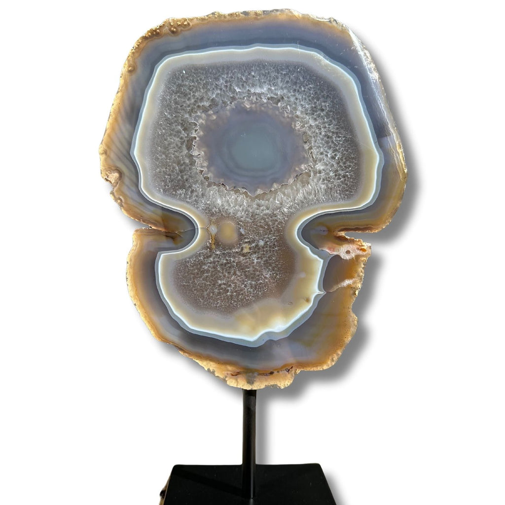 Stunning agate on a stand, with banded agate edges, perfect crystal for home decor