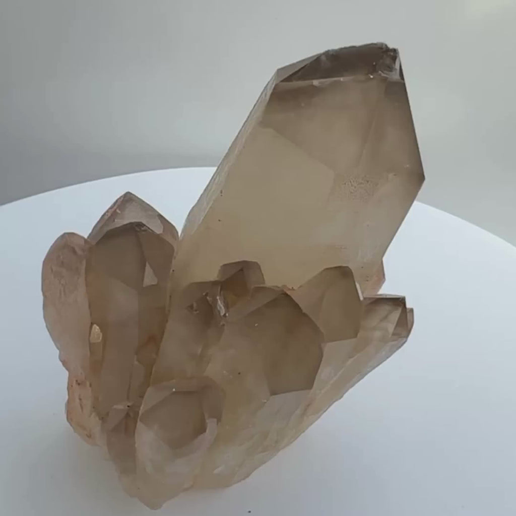 Natural Citrine Point Cluster from Madagascar, on a rotating display for more detailed viewing