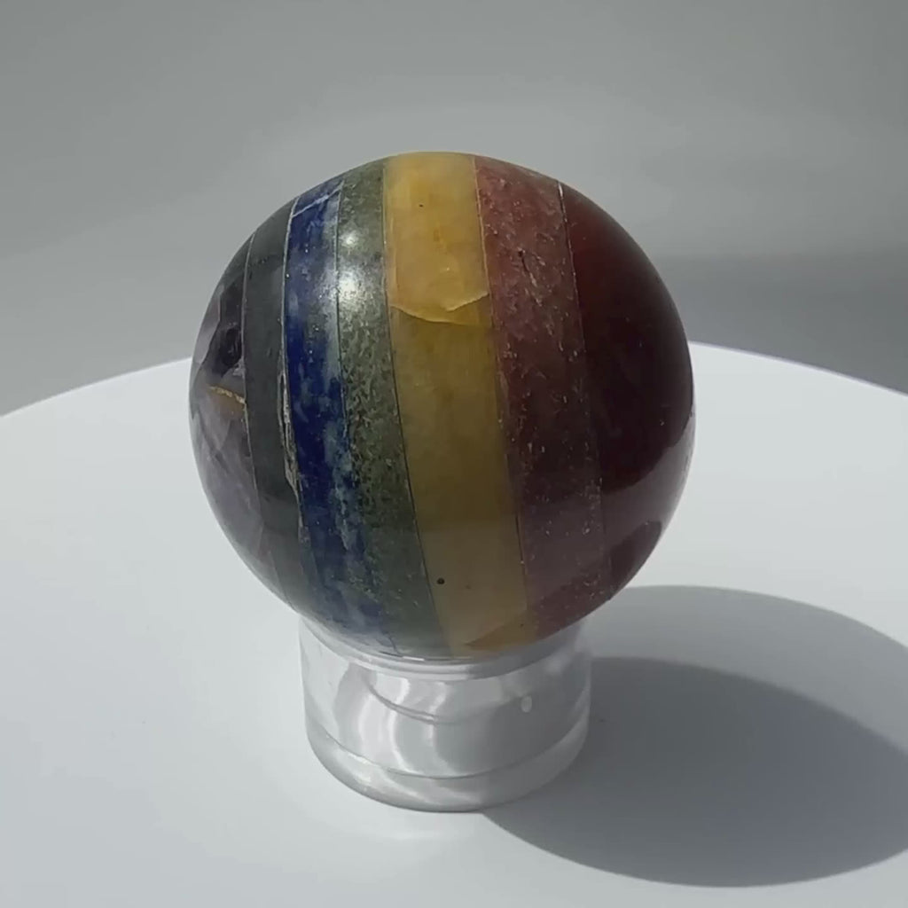 Chakra Sphere rotation on a display,showing 7 crystal variations
