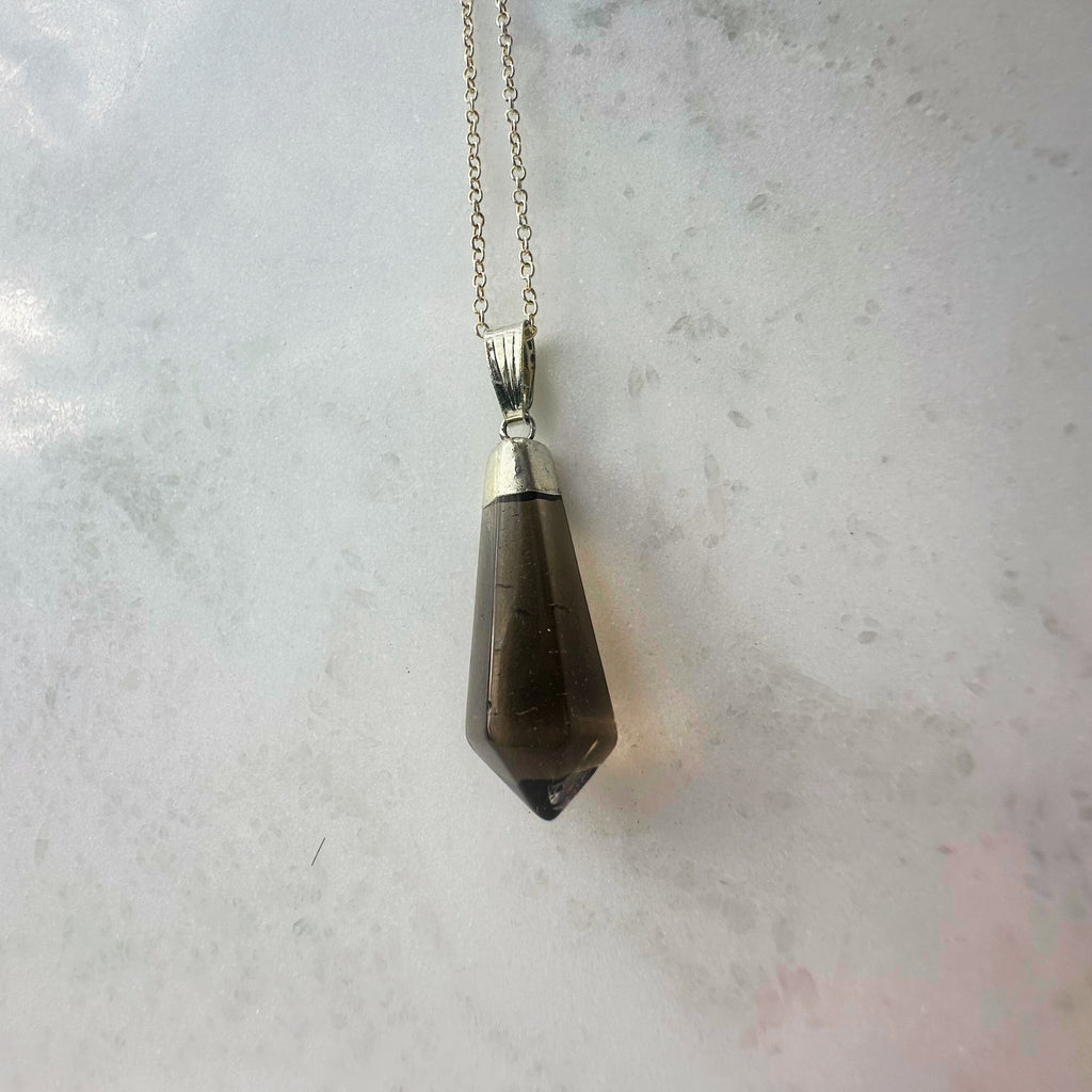 Crystal Smoky Quartz Point Necklace on a Silver plated chain