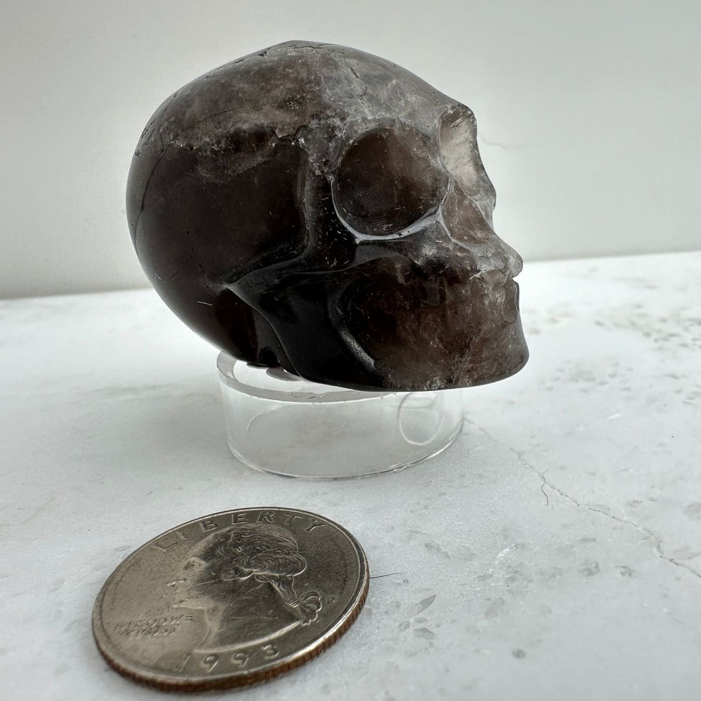 Crystal carving of a smoky quartz skull on a stand next to a quarter
